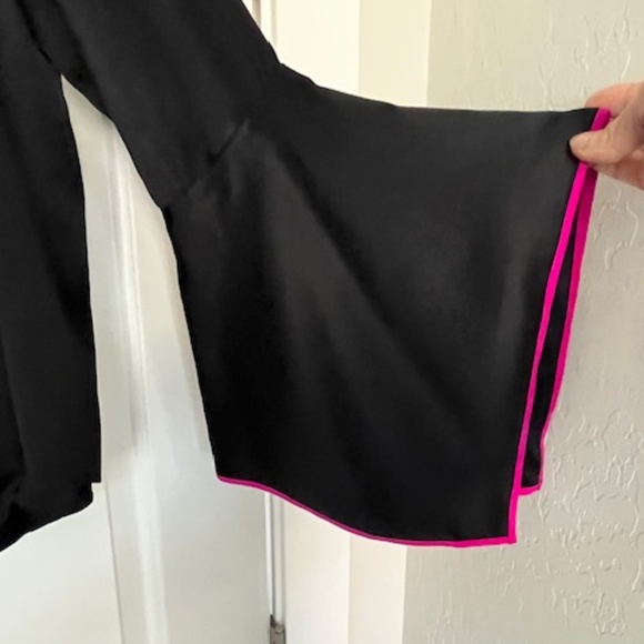 Rare Black Fuchsia Silk Asian-Inspired Open Front Jacket Sz S Dramatic Sleeves - Picture 4 of 10